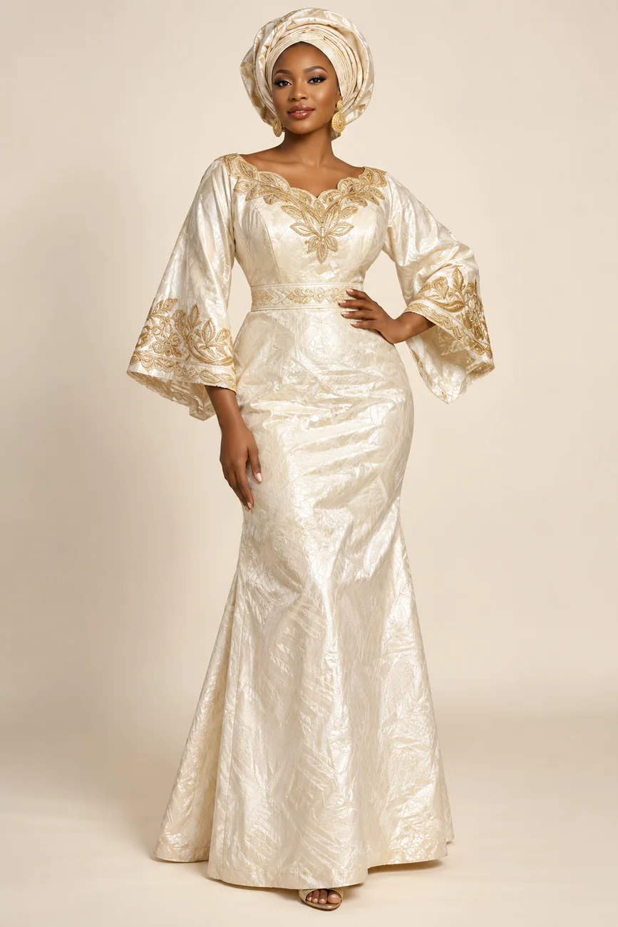 Tenue femme en bazin ivoire, image générée par IA