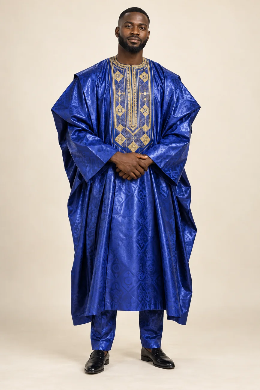 Tenue homme en bazin bleu royal, image générée par IA